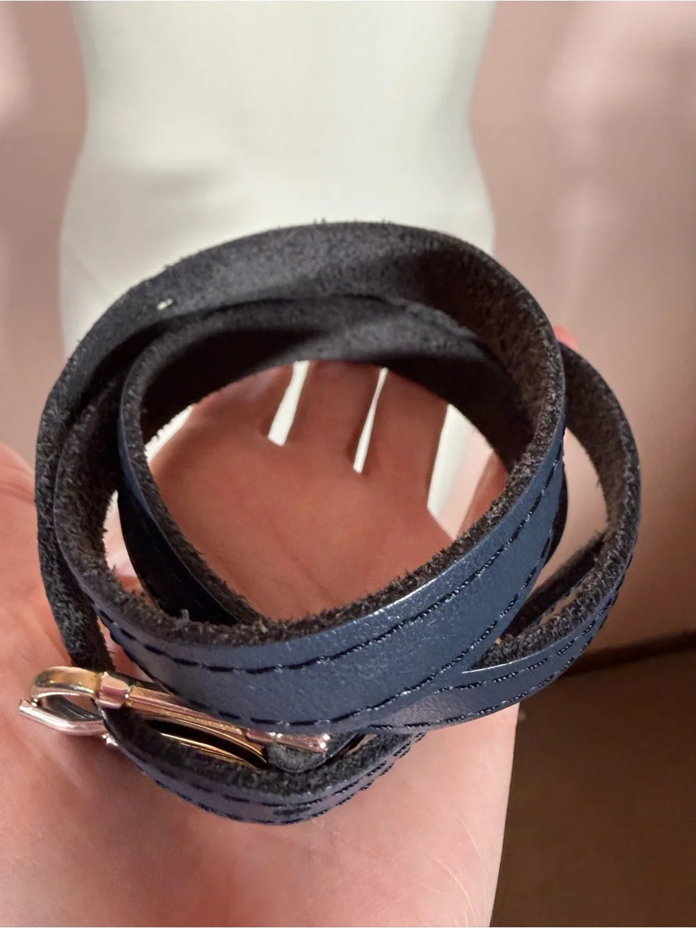 Vintage navy blue leather  minimalist skinny belt 28inches classic academia